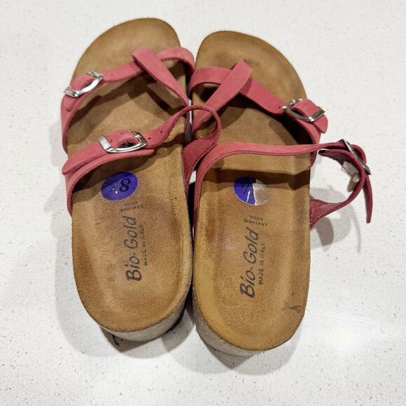Bio Gold Italy Pink Leather Cross Strap Cork Sandals Women 8.5 - Picture 3 of 6
